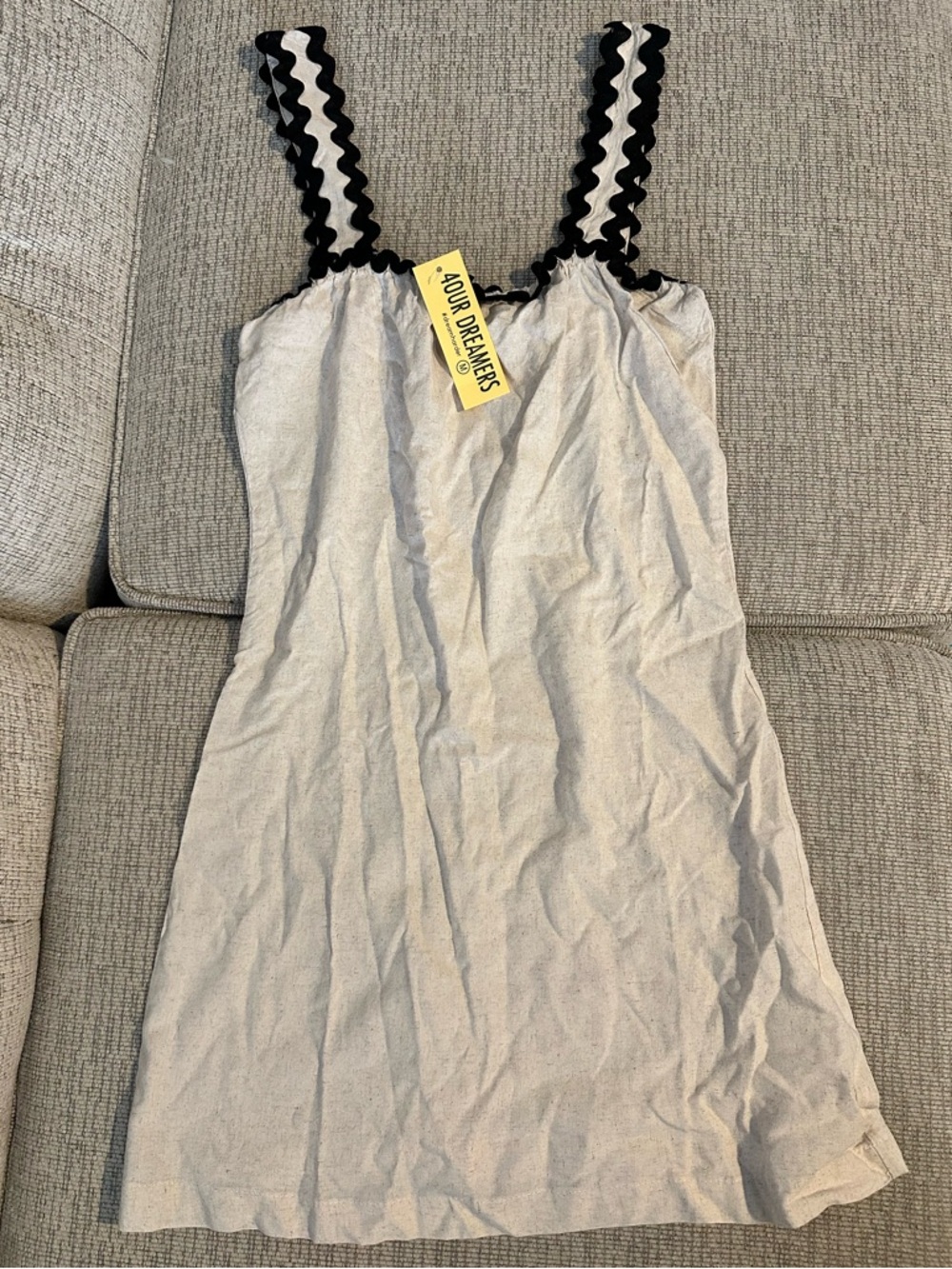 4our Dreamers Cream Linen Mini Dress with Black Rickrack Trim